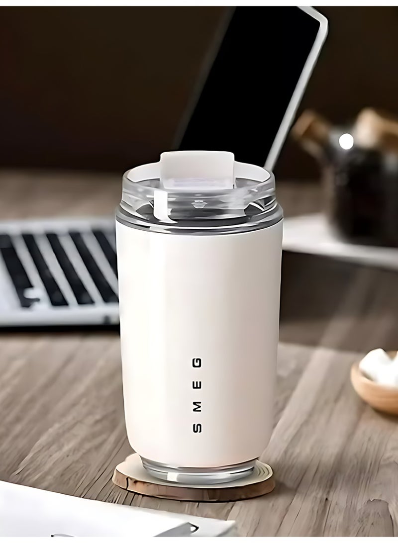 Smeg Travel Coffee Mug, Insulated Beverage Cup with Leakproof Lid, Long-Lasting Coffee Tumbler with Lid, Travel Coffee Thermos (White) - Image 1